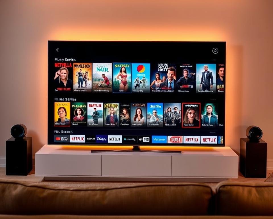A beautifully curated display of video-on-demand films and series, lit by soft, warm lighting that creates a cozy, inviting atmosphere. In the foreground, a sleek, modern television screen showcases a diverse array of movie and TV show thumbnails, each one a tantalizing glimpse into a world of entertainment. The middle ground features rows of neatly organized streaming service icons, hinting at the vast library of content available. In the background, a minimalist, contemporary living room setting, with clean lines and muted tones, provides the perfect backdrop for this immersive digital experience. A beautifully curated display of video-on-demand films and series, lit by soft, warm lighting that creates a cozy, inviting atmosphere. In the foreground, a sleek, modern television screen showcases a diverse array of movie and TV show thumbnails, each one a tantalizing glimpse into a world of entertainment. The middle ground features rows of neatly organized streaming service icons, hinting at the vast library of content available. In the background, a minimalist, contemporary living room setting, with clean lines and muted tones, provides the perfect backdrop for this immersive digital experience.