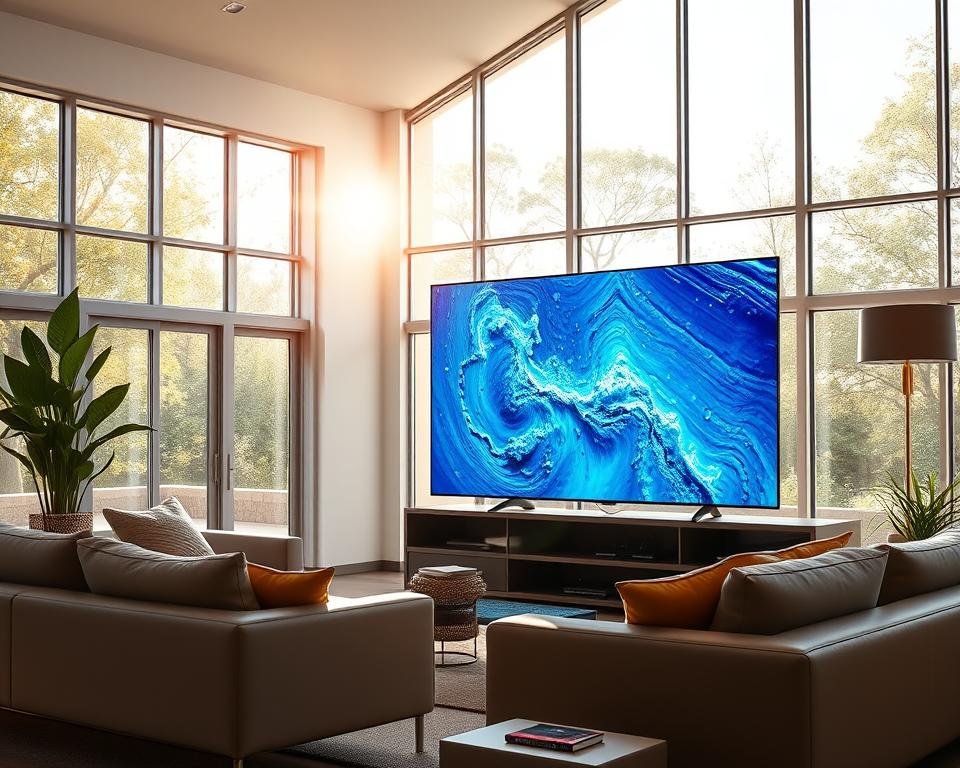 A bright and vibrant living room with a large high-definition television displaying a crystal-clear image. The room is bathed in natural light, with large windows letting in sunlight that creates a warm and inviting atmosphere. The television is the focal point, showcasing a vivid, lifelike picture with deep blacks, vibrant colors, and exceptional detail. The furniture in the room is modern and sleek, complementing the high-tech nature of the television. The overall scene conveys a sense of comfort, relaxation, and immersion in the viewing experience.