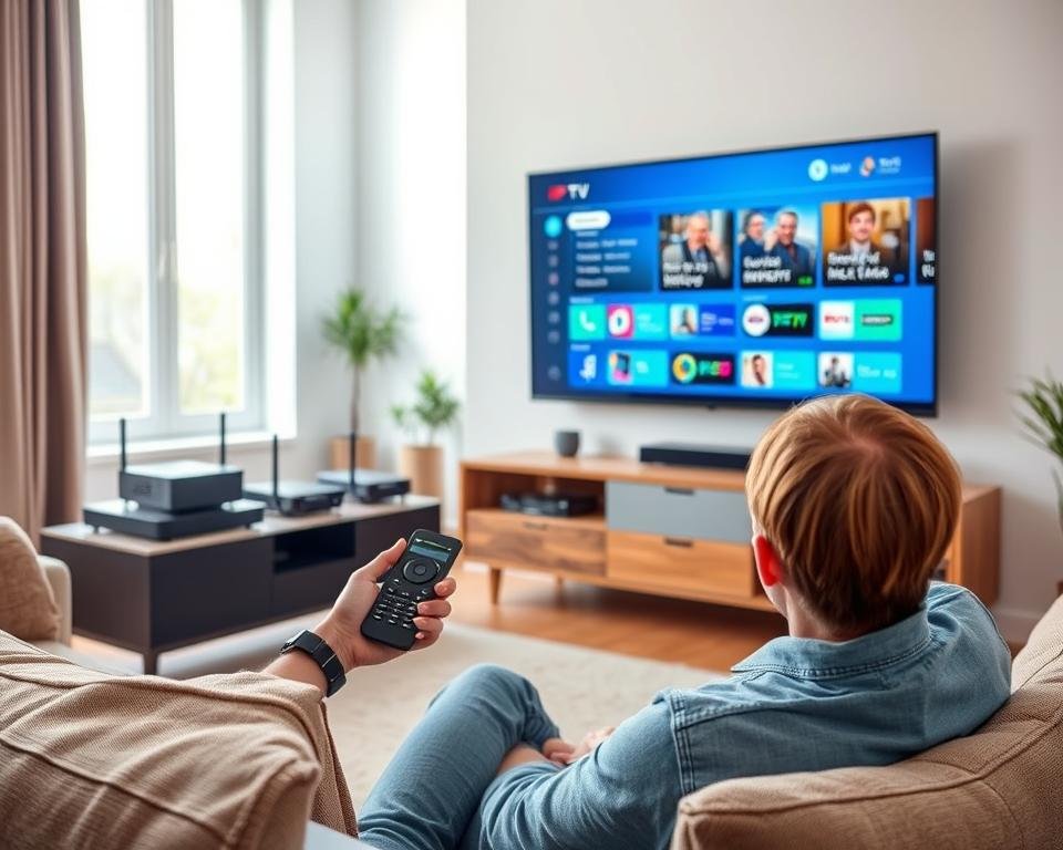 A bright, modern living room interior with a large flatscreen television mounted on the wall. In the foreground, a person sits on a comfortable couch, using a remote control to navigate the on-screen interface of an IPTV service. The middle ground features various networking equipment like a modem, router, and streaming device, all neatly arranged on a media console. The background depicts floor-to-ceiling windows letting in natural light, creating a warm, welcoming ambiance. The overall scene conveys the ease and convenience of setting up and using an IPTV service in a home environment.