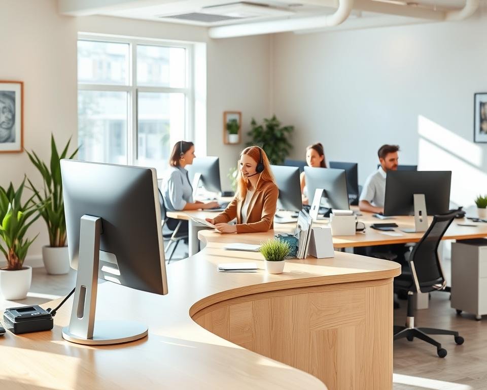 A bright, modern office interior with a customer service desk in the foreground. The desk is made of sleek, light-colored wood and has a large, curved monitor and headset setup. Behind the desk, the walls are painted in a calming, neutral tone, with minimalist decor like potted plants and framed artwork. Natural light streams in through large windows, creating a warm and inviting atmosphere. In the middle ground, a team of customer service representatives are engaged in friendly conversations, providing helpful assistance to customers. The background features a clean, organized workstation setup with computers, office supplies, and a sense of professionalism and efficiency. The overall scene conveys a welcoming, customer-centric environment dedicated to providing excellent technical support.