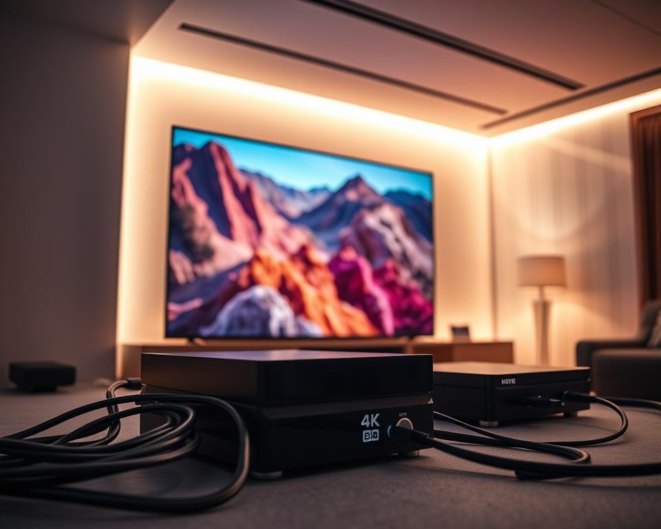 A cinematic, 4K resolution, highly detailed image showcasing superior image quality for streaming. In the foreground, a large, high-definition display with vibrant, true-to-life colors and exceptional contrast. The screen displays a crisp, clear video feed with no visible artifacts or compression. In the middle ground, state-of-the-art streaming hardware, sleek and modern in design, connected to the display via high-speed cables. The background is a minimalist, well-lit interior with clean lines and neutral tones, creating a sense of premium quality and sophistication. Soft, directional lighting bathes the scene, accentuating the premium materials and highlighting the high-fidelity visuals. The overall mood is one of technological excellence, immersion, and a superior viewing experience.