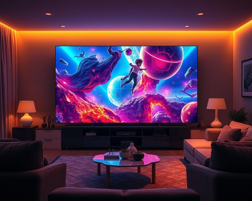 A cinematic, high-fidelity image of a living room with a large, immersive TV screen displaying vibrant, lifelike visuals. The room is bathed in warm, soft lighting, creating a cozy, inviting atmosphere. The screen showcases stunning clarity, depth, and color accuracy, with seamless motion and no visible artifacts or distortion. The composition places emphasis on the TV, framing it in a way that highlights its impressive visual quality. The scene conveys a sense of immersion and visual excellence, perfectly suited to illustrate the "Uitzonderlijke Beeldkwaliteit" section of the article. A cinematic, high-fidelity image of a living room with a large, immersive TV screen displaying vibrant, lifelike visuals. The room is bathed in warm, soft lighting, creating a cozy, inviting atmosphere. The screen showcases stunning clarity, depth, and color accuracy, with seamless motion and no visible artifacts or distortion. The composition places emphasis on the TV, framing it in a way that highlights its impressive visual quality. The scene conveys a sense of immersion and visual excellence, perfectly suited to illustrate the "Uitzonderlijke Beeldkwaliteit" section of the article.