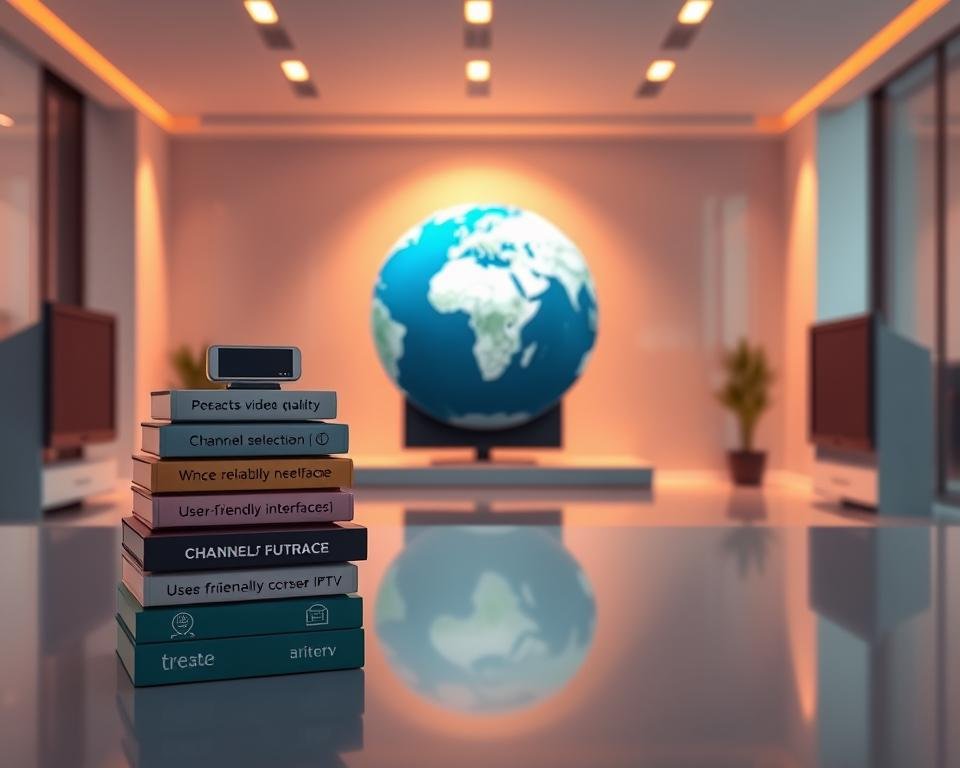 A clean, crisp illustration of the key criteria for choosing an IPTV service. In the foreground, a stack of icons representing essential features like video quality, channel selection, reliability, and user-friendly interface. In the middle ground, a globe symbolizing the global reach of IPTV, with various countries and continents visible. The background is a sleek, minimalist office setting, bathed in warm, directional lighting that casts subtle shadows, conveying a sense of professionalism and authority. The overall tone is one of clarity, simplicity, and technological sophistication, reflecting the informed decision-making process for selecting the best IPTV service. A clean, crisp illustration of the key criteria for choosing an IPTV service. In the foreground, a stack of icons representing essential features like video quality, channel selection, reliability, and user-friendly interface. In the middle ground, a globe symbolizing the global reach of IPTV, with various countries and continents visible. The background is a sleek, minimalist office setting, bathed in warm, directional lighting that casts subtle shadows, conveying a sense of professionalism and authority. The overall tone is one of clarity, simplicity, and technological sophistication, reflecting the informed decision-making process for selecting the best IPTV service.