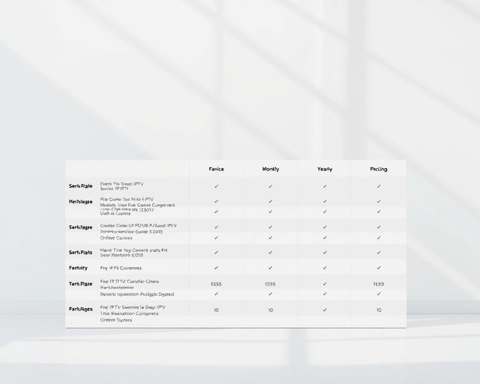 A clean, minimalist comparison table showcasing various IPTV subscription options, their features, and pricing. The table occupies the center of the frame, set against a bright, airy background with soft, natural lighting. The layout is visually appealing, with clear and concise information presented in a well-organized manner. The columns display the service name, package details, monthly/yearly costs, and any additional benefits. The overall design is modern, inviting, and optimized to highlight the key information users need to make an informed decision about their IPTV service.