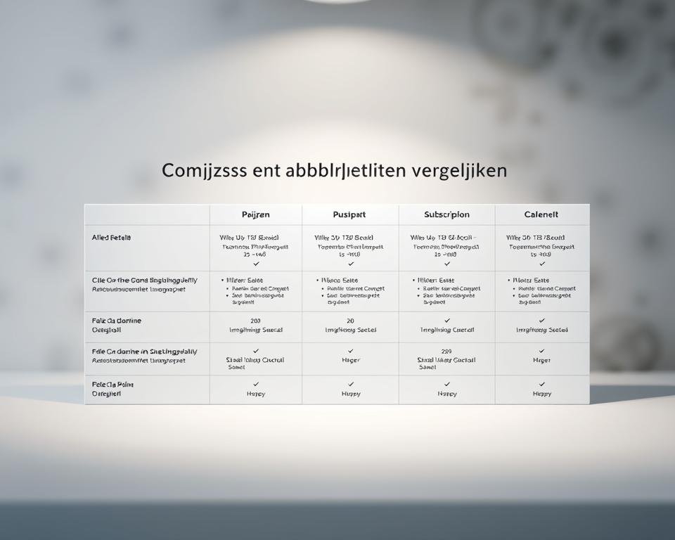 A clean, minimalist comparison table with sleek, modern design showcasing various subscription plans and their details. The table is set against a neutral, blurred background with subtle gradients to create depth and a sense of sophistication. The plan details are presented in a clear, organized manner with carefully selected typography and color palette to enhance readability and highlight key information. Gentle lighting from above casts soft shadows, adding depth and dimensionality to the scene. The overall mood is professional, informative, and visually appealing, perfectly suited to illustrate the "Prijzen en abonnementen vergelijken" section of the article.