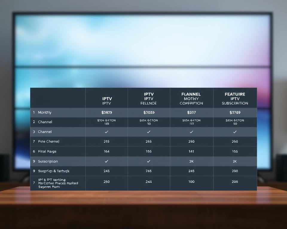 A clean, modern comparison table showcasing various IPTV service pricing options and subscription models. The foreground features a sleek, minimalist grid layout highlighting key plan details such as monthly cost, channel count, and feature inclusions. The middle ground incorporates subtle data visualization elements like bar graphs and icons to enhance information legibility. The background presents a softly blurred, gradient-based color scheme that conveys a sense of professionalism and digital sophistication. Balanced lighting accentuates the table's refined, high-contrast appearance, while a slightly elevated camera angle provides an accessible, user-friendly perspective. The overall mood is one of clarity, organization, and helpful decision-making support for the IPTV consumer.