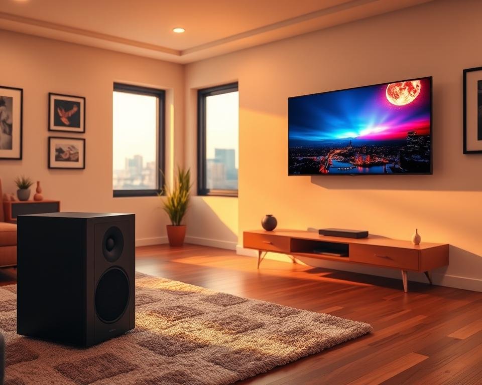 A clean, modern living room with a large flatscreen TV mounted on the wall, displaying a vivid, high-definition image. In the foreground, a sleek sound system with a minimalist design, emitting crisp, enveloping audio. The room is bathed in warm, diffused lighting, creating a cozy and immersive atmosphere. The walls are painted in a neutral, calming tone, with a few framed artworks adding visual interest. The hardwood floor is complemented by a plush, textured rug. Through a large window, a picturesque view of a vibrant city skyline can be seen, hinting at the high-quality video and audio capabilities of the setup. A clean, modern living room with a large flatscreen TV mounted on the wall, displaying a vivid, high-definition image. In the foreground, a sleek sound system with a minimalist design, emitting crisp, enveloping audio. The room is bathed in warm, diffused lighting, creating a cozy and immersive atmosphere. The walls are painted in a neutral, calming tone, with a few framed artworks adding visual interest. The hardwood floor is complemented by a plush, textured rug. Through a large window, a picturesque view of a vibrant city skyline can be seen, hinting at the high-quality video and audio capabilities of the setup.