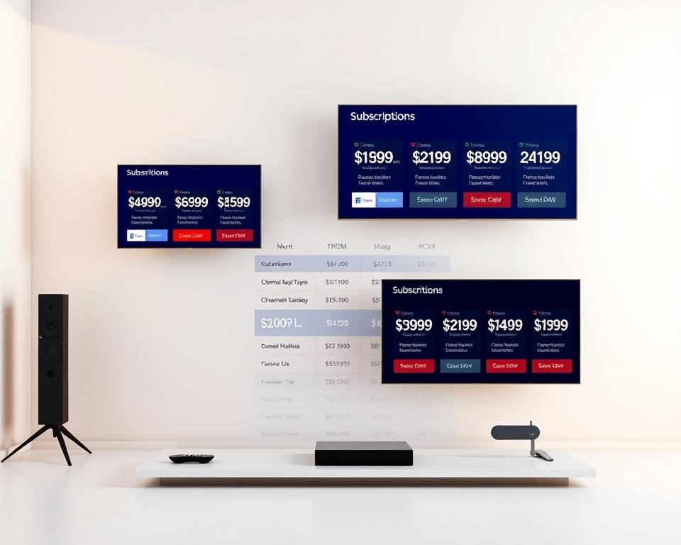 A clean, modern studio setup with a minimalist design showcasing various television subscription options and pricing details. The foreground features a floating array of subscription packages, each displayed on a sleek, frameless display against a bright, neutral background. The middle ground includes a subtle grid or chart layout highlighting monthly costs, channel lineups, and other service details. The background has a softly blurred city skyline or abstract geometric pattern, creating a sense of depth and professionalism. Warm, indirect lighting casts a gentle glow, emphasizing the clarity and legibility of the information presented. The overall composition conveys a sense of organization, transparency, and consumer-friendly pricing for IPTV services in the Netherlands.