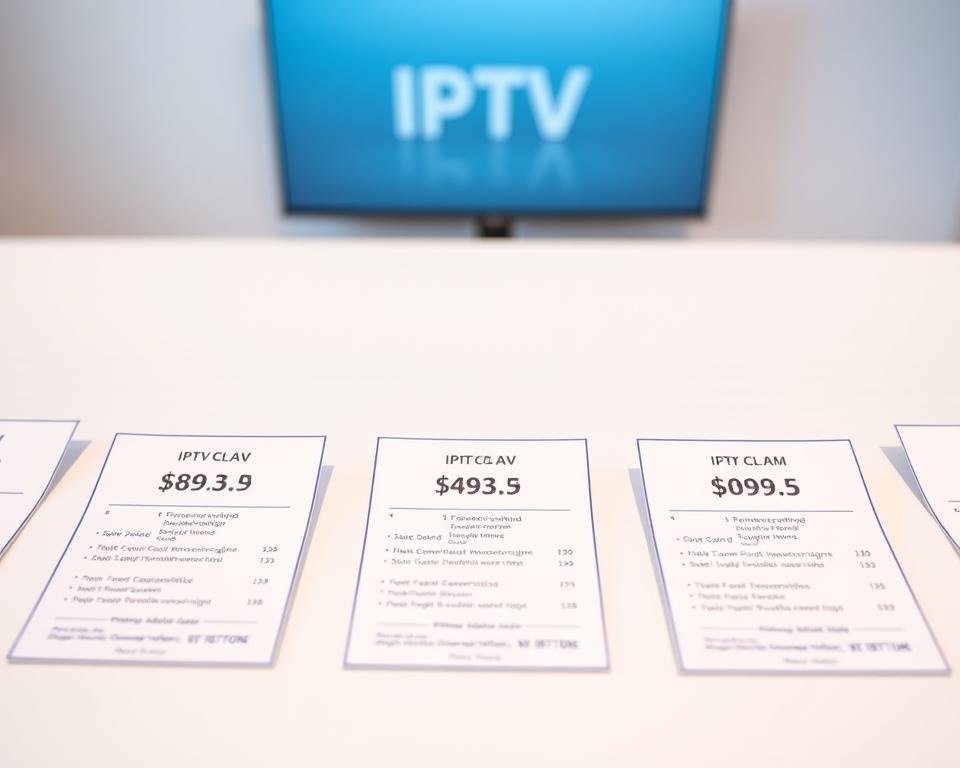 A clean, modern table display showcasing various IPTV subscription options and their corresponding prices. The foreground features neatly arranged pricing cards with clear typographic hierarchy, concise details, and subtle borders. The middle ground has a minimalist, light-colored background with a subtle grid pattern, allowing the pricing information to take center stage. The background maintains a soft, out-of-focus blur, creating a professional, high-end ambiance. The lighting is soft and even, accentuating the clean lines and crisp details of the display. The overall tone is one of clarity, organization, and a premium quality IPTV service.