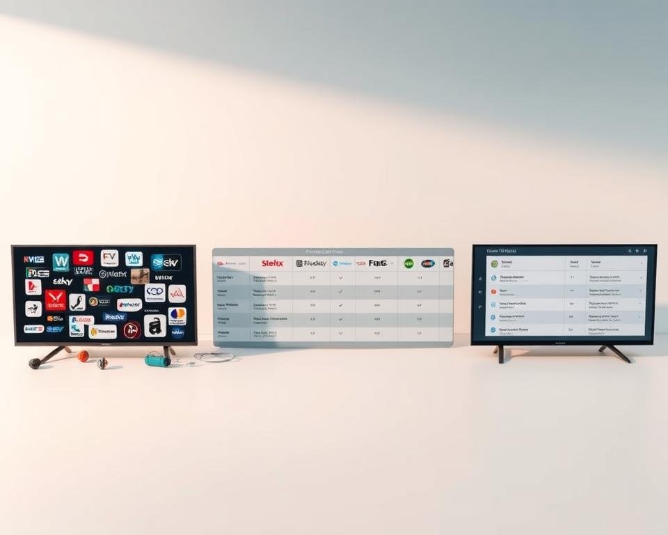 A comparative analysis of the top IPTV providers in the Netherlands, showcased in a sleek, modern layout. The foreground features detailed icons or logos of the leading IPTV services, artfully arranged to highlight their unique features and offerings. The middle ground presents a series of neatly organized comparison tables, displaying key metrics such as channel selection, pricing, and user-friendliness. The background is a clean, minimalist design, with a subtle gradient or textured pattern that complements the overall aesthetic. Soft, directional lighting casts a professional, authoritative tone, while the camera angle provides an elevated, bird's-eye view to convey a sense of comprehensive evaluation. The overall mood is one of informative clarity, empowering the reader to make an informed decision about the best IPTV provider for their needs.