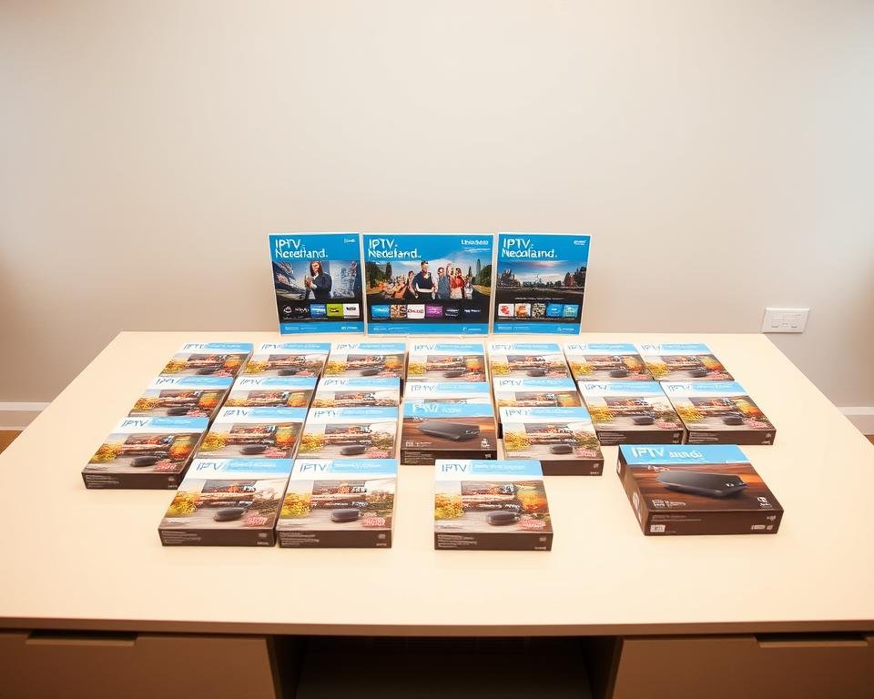 A complete set of Dutch TV channel packages laid out on a modern, minimalist table against a soft, neutral backdrop. The packages are displayed with care, showcasing their sleek, modern design and high-quality materials. The lighting is soft and diffused, creating a warm, inviting atmosphere. The camera angle is slightly elevated, providing a clear, unobstructed view of the arrangement. The overall scene conveys a sense of professionalism, quality, and attention to detail, reflecting the "IPTV Nederland voor Smart TV" service.