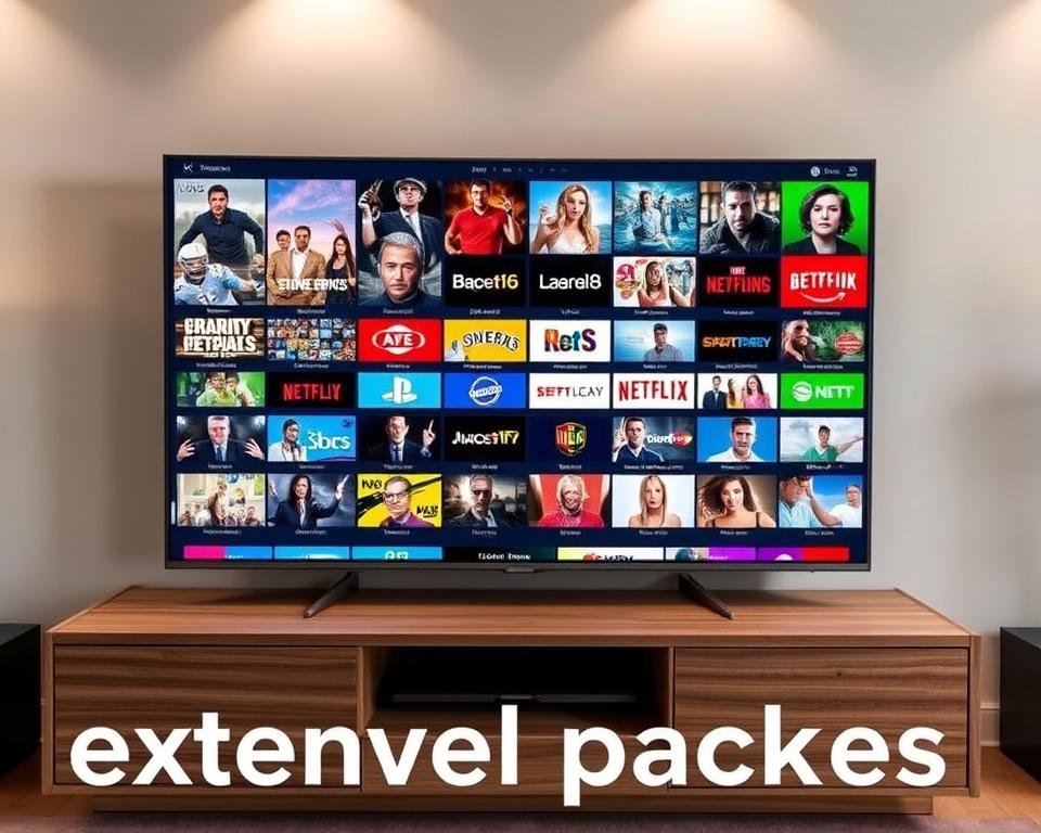 A comprehensive collection of television channels displayed on a large, sleek 4K smart TV screen, mounted on a modern, minimalist wooden entertainment unit. The screen showcases a wide variety of program genres, from news and sports to movies and lifestyle content, all in vivid, high-definition quality. Soft, indirect lighting from above illuminates the scene, creating a warm and inviting atmosphere. The layout is clean and uncluttered, emphasizing the vast selection of entertainment options available to the viewer. The focus is on the sheer breadth and depth of the channel offerings, reflecting the "extensive channel packages" described in the section title. A comprehensive collection of television channels displayed on a large, sleek 4K smart TV screen, mounted on a modern, minimalist wooden entertainment unit. The screen showcases a wide variety of program genres, from news and sports to movies and lifestyle content, all in vivid, high-definition quality. Soft, indirect lighting from above illuminates the scene, creating a warm and inviting atmosphere. The layout is clean and uncluttered, emphasizing the vast selection of entertainment options available to the viewer. The focus is on the sheer breadth and depth of the channel offerings, reflecting the "extensive channel packages" described in the section title.
