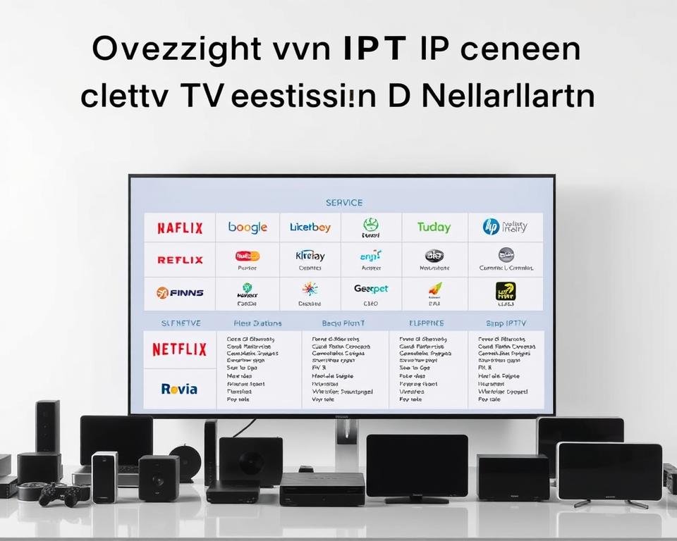 A comprehensive overview of leading IPTV service providers in the Netherlands, showcased against a clean, minimalist backdrop. In the foreground, various IPTV logo icons and device silhouettes are neatly arranged, reflecting the diverse range of offerings. The middle ground features a sleek, modern grid layout highlighting key service details, such as channel lineups, subscription plans, and supported platforms. The background maintains a soft, muted gradient, allowing the central information to take center stage. The lighting is even and natural, with a slight directional emphasis to accentuate the various UI elements. The overall composition strikes a balance between informative clarity and visual appeal, creating an image that effectively conveys the "Overzicht van IPTV Diensten in Nederland" section. A comprehensive overview of leading IPTV service providers in the Netherlands, showcased against a clean, minimalist backdrop. In the foreground, various IPTV logo icons and device silhouettes are neatly arranged, reflecting the diverse range of offerings. The middle ground features a sleek, modern grid layout highlighting key service details, such as channel lineups, subscription plans, and supported platforms. The background maintains a soft, muted gradient, allowing the central information to take center stage. The lighting is even and natural, with a slight directional emphasis to accentuate the various UI elements. The overall composition strikes a balance between informative clarity and visual appeal, creating an image that effectively conveys the "Overzicht van IPTV Diensten in Nederland" section.