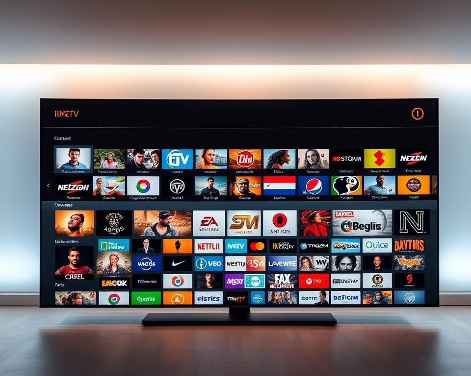 A content library showcasing a diverse array of IPTV channels, presented against a sleek, modern backdrop. In the foreground, a stylized grid layout displays vibrant icons and thumbnails representing various Dutch television stations. The middle ground features a sophisticated user interface with intuitive navigation controls, allowing easy browsing and selection. In the background, a soft, gradient-infused environment sets a tranquil, immersive tone, evoking a sense of comfort and seamless access to a wealth of Dutch programming. Lighting is subtle and balanced, with warm accents highlighting the content, creating an inviting and visually appealing presentation. A content library showcasing a diverse array of IPTV channels, presented against a sleek, modern backdrop. In the foreground, a stylized grid layout displays vibrant icons and thumbnails representing various Dutch television stations. The middle ground features a sophisticated user interface with intuitive navigation controls, allowing easy browsing and selection. In the background, a soft, gradient-infused environment sets a tranquil, immersive tone, evoking a sense of comfort and seamless access to a wealth of Dutch programming. Lighting is subtle and balanced, with warm accents highlighting the content, creating an inviting and visually appealing presentation.