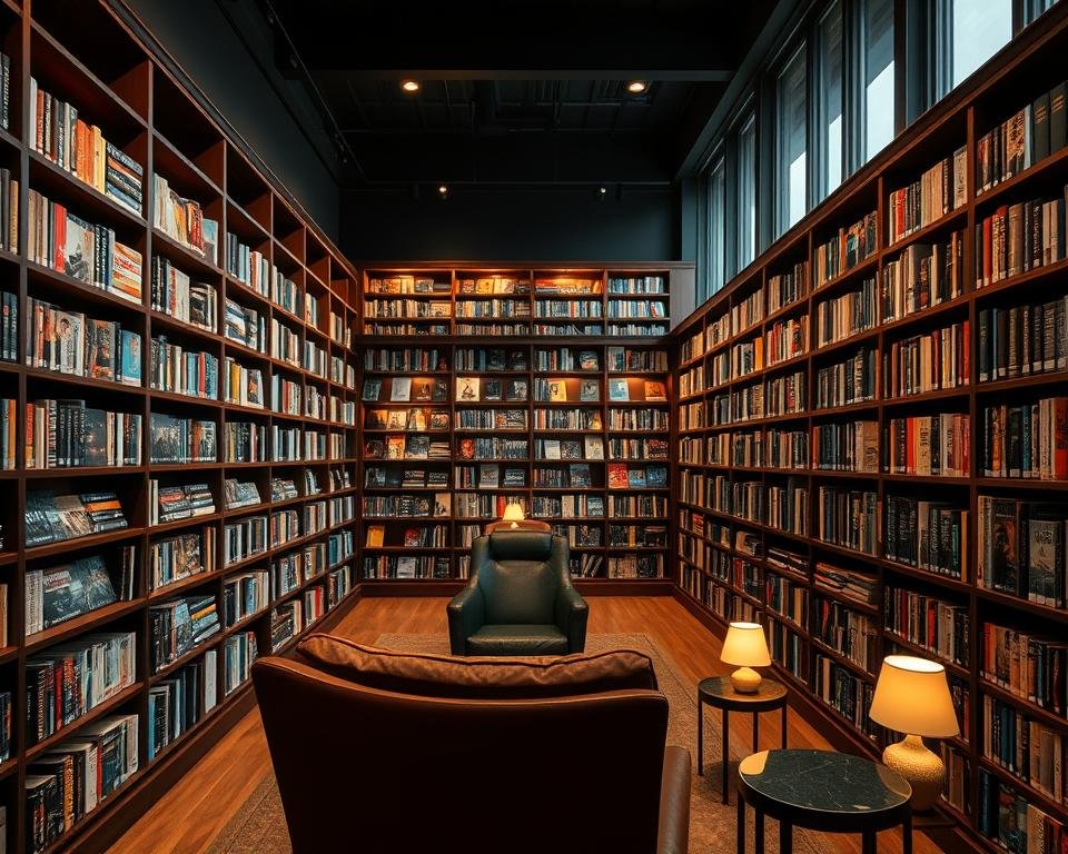 A cozy VOD library with rows of bookshelves filled with a diverse selection of film series and movie titles, illuminated by warm, diffused lighting. The shelves are made of dark wood, creating a sophisticated, scholarly atmosphere. In the foreground, a comfortable armchair invites viewers to settle in and explore the vast on-demand content. The middle ground features small side tables with lamps, adding to the inviting ambiance. The background showcases large windows, allowing natural light to filter in and highlighting the curated collection. The overall scene conveys a sense of relaxation, discovery, and the joy of indulging in a vast library of on-demand entertainment.