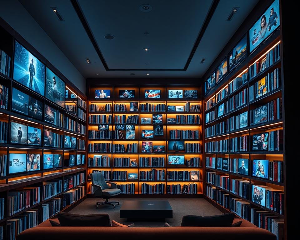 A cozy and inviting library interior, brimming with a diverse selection of digital media. Rows of sleek, modern shelves display an extensive array of IPTV channels and on-demand content, illuminated by warm, diffused lighting. In the foreground, a comfortable seating area invites visitors to browse and explore the vast library. The walls are adorned with subtle, minimalist decor, creating a serene and sophisticated atmosphere. The overall scene conveys a sense of accessibility, curation, and a vast wealth of entertainment options at the viewer's fingertips.