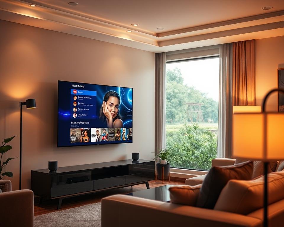 A cozy and inviting living room scene, with a modern flat-screen TV mounted on a sleek media console. The TV screen displays a vibrant streaming service interface, its icons and menu options clearly visible. Soft, warm lighting from a floor lamp and recessed ceiling fixtures creates a welcoming ambiance. The room is furnished with plush, comfortable seating, perhaps a sectional sofa and an armchair, inviting the viewer to sit back and enjoy the streaming experience. Through a large window, a lush outdoor landscape can be seen, hinting at the seamless integration of technology and nature. The overall composition conveys a sense of relaxation and the effortless enjoyment of high-quality streaming entertainment. A cozy and inviting living room scene, with a modern flat-screen TV mounted on a sleek media console. The TV screen displays a vibrant streaming service interface, its icons and menu options clearly visible. Soft, warm lighting from a floor lamp and recessed ceiling fixtures creates a welcoming ambiance. The room is furnished with plush, comfortable seating, perhaps a sectional sofa and an armchair, inviting the viewer to sit back and enjoy the streaming experience. Through a large window, a lush outdoor landscape can be seen, hinting at the seamless integration of technology and nature. The overall composition conveys a sense of relaxation and the effortless enjoyment of high-quality streaming entertainment.