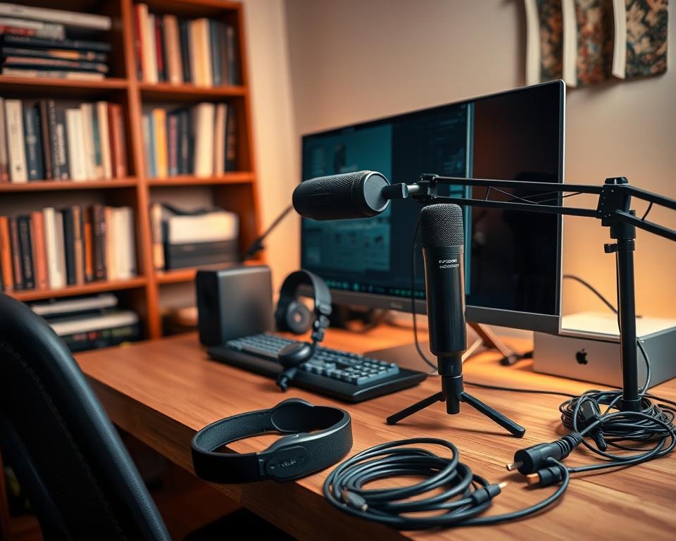 A cozy home workspace with a computer, webcam, and microphone setup on a wooden desk. Soft lighting illuminates the scene, creating a warm and inviting atmosphere. In the background, a bookshelf filled with tech manuals and reference materials. On the desk, a tidy arrangement of streaming essentials - a high-quality headset, a professional-grade external microphone, and various cables and adapters. The overall setup conveys a sense of professionalism and preparedness for seamless online content creation and broadcasting. A cozy home workspace with a computer, webcam, and microphone setup on a wooden desk. Soft lighting illuminates the scene, creating a warm and inviting atmosphere. In the background, a bookshelf filled with tech manuals and reference materials. On the desk, a tidy arrangement of streaming essentials - a high-quality headset, a professional-grade external microphone, and various cables and adapters. The overall setup conveys a sense of professionalism and preparedness for seamless online content creation and broadcasting.