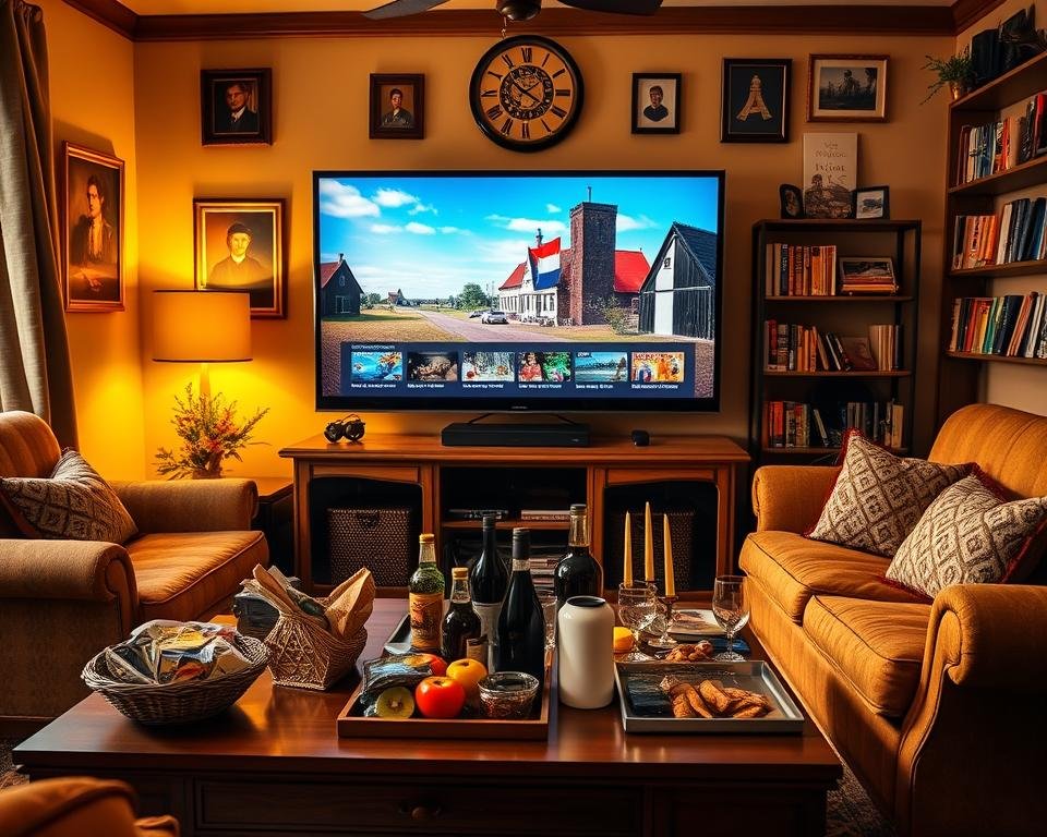 A cozy living room filled with traditional Dutch decor, showcasing a large flatscreen TV prominently displaying vibrant IPTV content. The scene is bathed in warm, golden lighting, creating a comfortable and inviting atmosphere. In the foreground, a stylish coffee table displays an assortment of Dutch snacks and beverages, hinting at the premium quality and authenticity of the IPTV offerings. The walls are adorned with classic artwork and shelves displaying an array of Dutch media, further emphasizing the exclusivity of the content. The overall composition conveys a sense of premium, reliable, and distinctly Dutch entertainment experience.