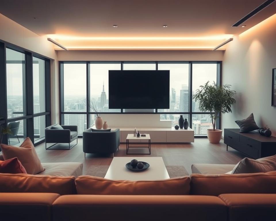 A cozy living room interior with a large, high-quality flat-screen television mounted on the wall. The room is well-lit by soft, indirect lighting, creating a warm and inviting atmosphere. In the foreground, a comfortable sofa faces the television, with a sleek, modern coffee table in front. The middle ground features minimalist, contemporary furniture and decor, suggesting a clean, streamlined design aesthetic. The background showcases large windows that flood the space with natural light, offering a panoramic view of a vibrant, urban skyline outside.