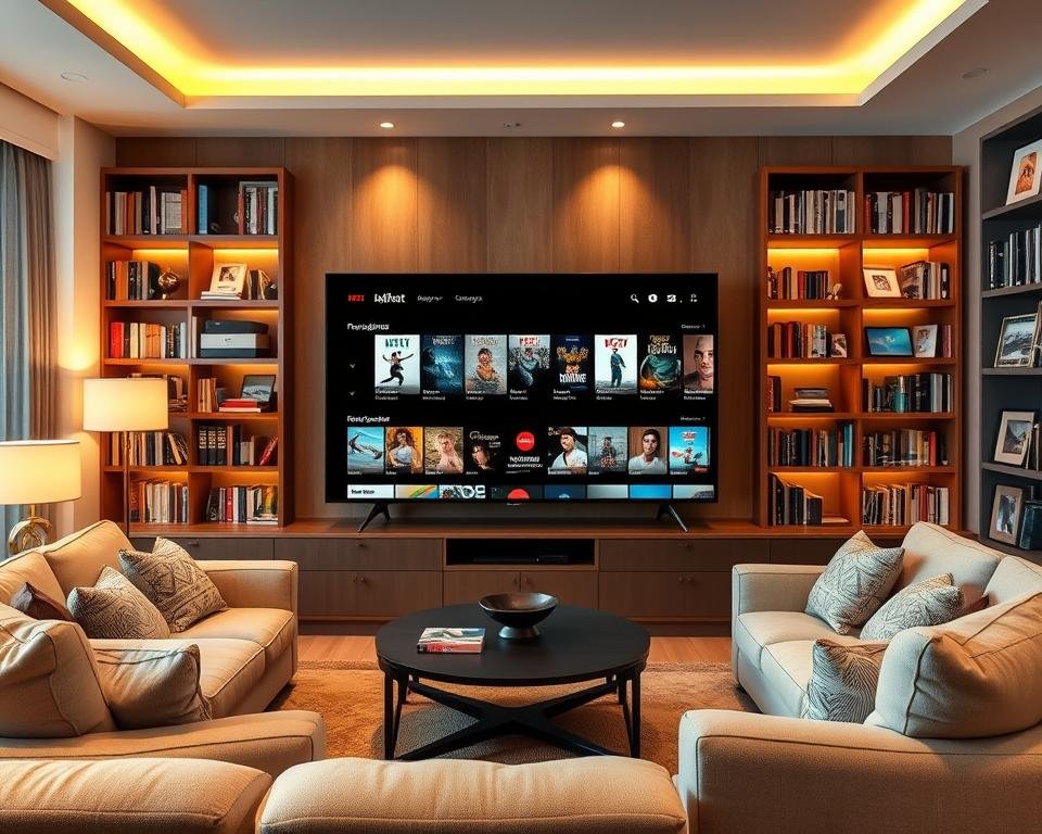 A cozy living room interior with a large, modern television set taking center stage. The screen displays a diverse library of streaming content, ranging from movies and TV shows to documentaries and sports. Plush, comfortable seating surrounds the television, inviting the viewer to settle in and enjoy the curated selection. Soft, warm lighting illuminates the space, creating a welcoming and relaxing atmosphere. Bookshelves line the walls, hinting at the breadth of available media content. The overall scene conveys a sense of entertainment, knowledge, and the comforts of home.