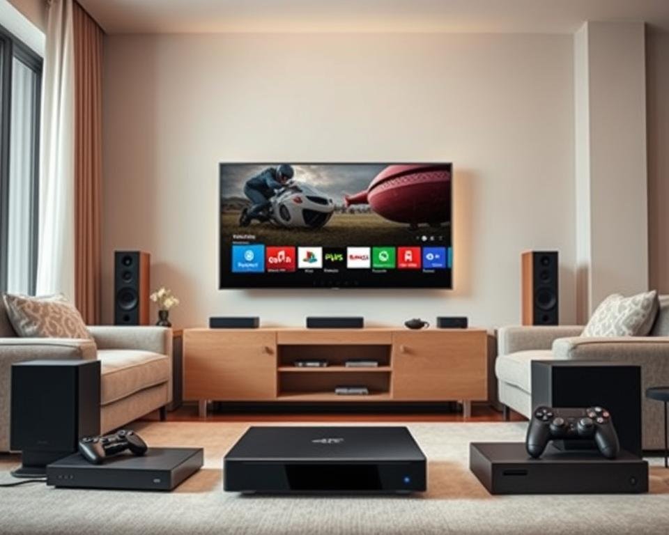 A cozy living room scene with a modern 4K Smart TV standing prominently in the center. The television is surrounded by various home entertainment devices like a streaming box, gaming console, and wireless speakers, all seamlessly integrated. The room is well-lit with a warm, inviting atmosphere, creating a comfortable setting for enjoying IPTV content. The overall composition highlights the compatibility and connectivity of the devices, showcasing the versatility of the IPTV setup in a contemporary, minimalist home environment. A cozy living room scene with a modern 4K Smart TV standing prominently in the center. The television is surrounded by various home entertainment devices like a streaming box, gaming console, and wireless speakers, all seamlessly integrated. The room is well-lit with a warm, inviting atmosphere, creating a comfortable setting for enjoying IPTV content. The overall composition highlights the compatibility and connectivity of the devices, showcasing the versatility of the IPTV setup in a contemporary, minimalist home environment.