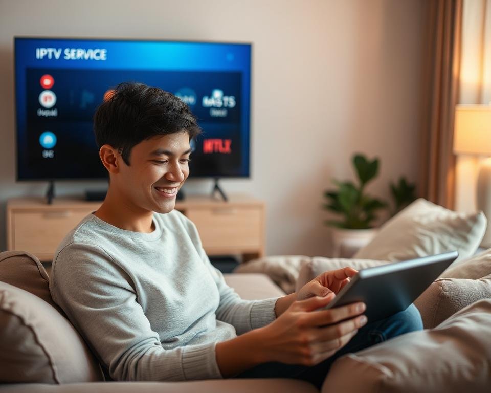 A cozy living room scene with a person sitting on a comfortable couch, intently focused on a tablet in their hands. The room is softly lit, creating a warm and inviting atmosphere. In the background, a large TV screen displays various IPTV service logos and user interface elements, providing a glimpse into the digital experience. The person's facial expression conveys a sense of engagement and satisfaction, reflecting the positive user experiences with the IPTV service. The overall composition suggests a relatable, everyday scenario where the IPTV service is seamlessly integrated into the user's daily life.