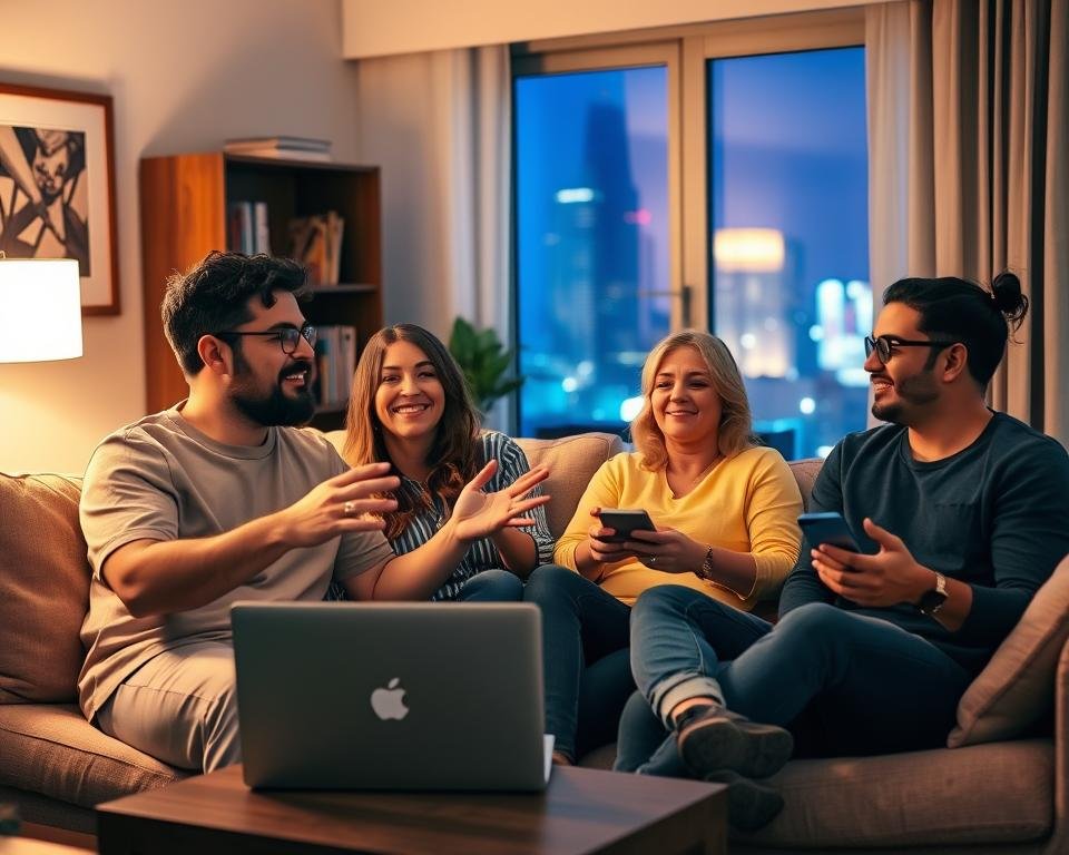 A cozy living room setting with a group of friends gathered around a couch, sharing their experiences and reactions while streaming content on their laptops and smartphones. The room is bathed in warm, soft lighting, creating a relaxed and intimate atmosphere. In the foreground, a couple is engaged in an animated discussion, gesturing with their hands as they describe their recent streaming experience. In the middle ground, another friend leans back, a content smile on their face as they listen intently. The background features a bookshelf, a framed piece of art, and a window that offers a glimpse of a vibrant cityscape outside, hinting at the wider context of the user's digital experiences.