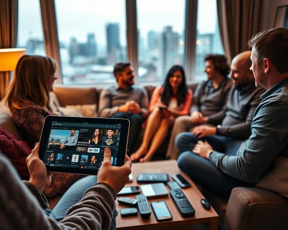 A cozy living room setting with a group of people sitting on a comfortable couch, engaged in lively conversation and sharing their experiences with a Dutch IPTV service. The room is bathed in warm, soft lighting, creating an inviting atmosphere. In the foreground, a person holds a tablet, showcasing the user interface of the IPTV platform. The middle ground features a cluster of smartphones and remote controls, symbolizing the various devices used to access the IPTV content. The background subtly depicts a cityscape through a large window, hinting at the urban context of the IPTV users. The overall scene conveys a sense of relatable, authentic user experiences with the IPTV service.