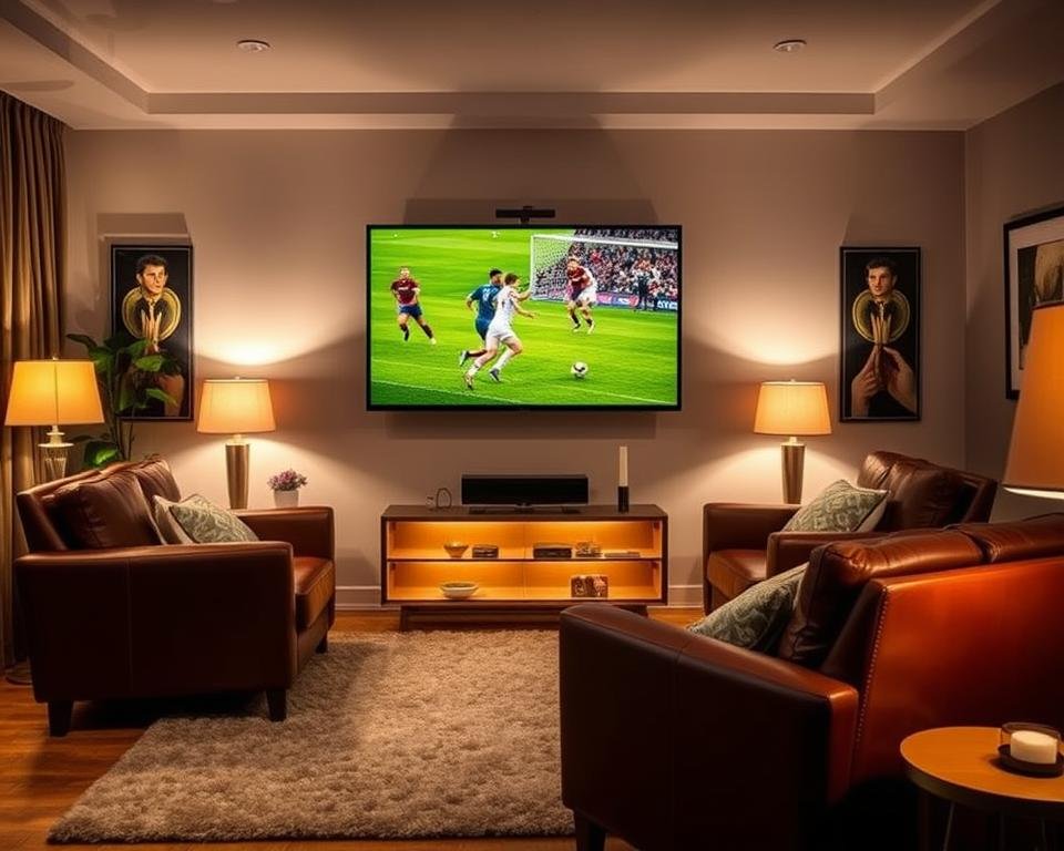 A cozy living room setting with a large flatscreen TV mounted on the wall, surrounded by comfortable leather armchairs and a plush rug. The lighting is warm and inviting, with soft table lamps illuminating the space. The TV displays a football match, the players' movements captured in sharp detail. The overall atmosphere exudes a sense of relaxation and immersion, perfect for an optimal viewing experience.