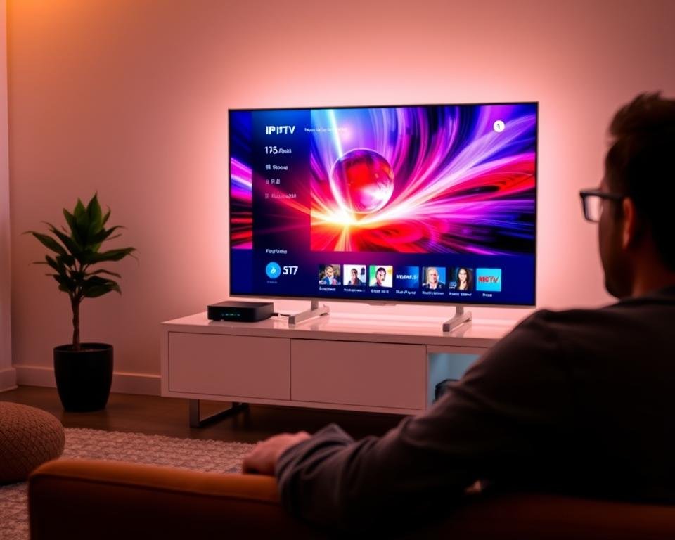 A cozy living room setting with a smart TV prominently displayed. The TV is connected to an IPTV box resting on a sleek, modern entertainment unit. The room is bathed in warm, ambient lighting, creating a relaxing atmosphere. The TV screen displays a vibrant, high-definition image of a popular television channel, showcasing the vivid visuals and seamless streaming capabilities of the IPTV system. In the foreground, a person is comfortably seated on a plush couch, immersed in the content, demonstrating the convenience and enjoyment of IPTV viewing via the internet or a dedicated box.