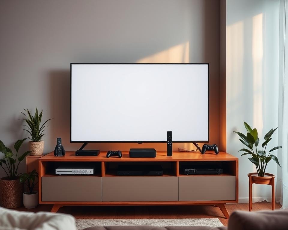 A cozy living room setting with various streaming devices prominently displayed on a modern TV stand. Soft, ambient lighting sets a relaxed, inviting atmosphere. The devices, such as a smart TV, streaming box, and gaming console, are arranged neatly, showcasing their sleek, minimalist designs. The room's decor features natural elements like potted plants and warm wooden accents, creating a harmonious, tech-savvy yet homely ambiance. The devices are positioned to imply effortless integration and compatibility, reflecting the section's focus on user-friendly streaming solutions.