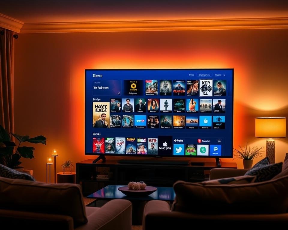 A cozy living room with a large TV screen prominently displayed, showcasing an array of video-on-demand films and series. The screen features a sleek, modern interface with various genre options and cover art for popular titles. The room is bathed in warm, ambient lighting, creating a inviting and relaxing atmosphere. Plush, comfortable seating surrounds the TV, and subtle decorative elements like plants or artwork add a touch of sophistication. The overall scene conveys a sense of convenience, entertainment, and the ability to access a vast library of on-demand content from the comfort of one's own home.