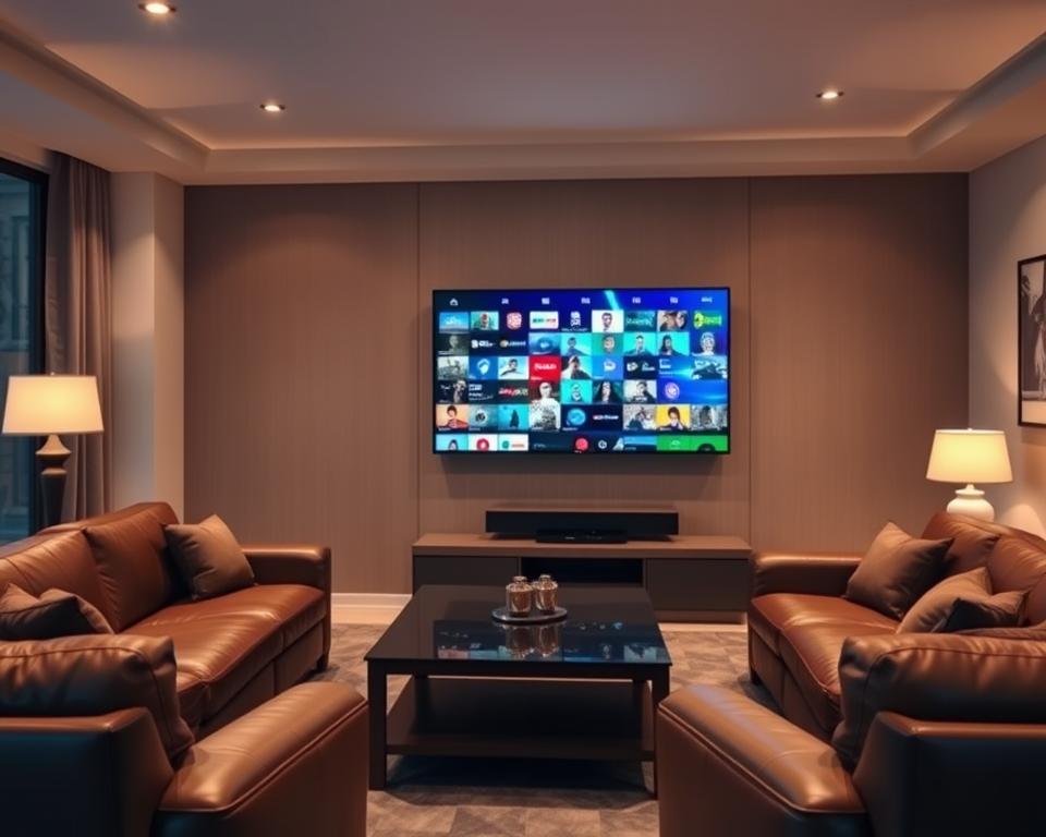 A cozy living room with a large flat-screen TV mounted on the wall, displaying a vibrant, crystal-clear IPTV image. Plush leather sofas and armchairs surround the TV, creating a comfortable and inviting atmosphere. Soft, indirect lighting from floor lamps and recessed ceiling fixtures casts a warm glow across the room. The TV's display is sharp and detailed, showcasing a diverse array of high-quality television content, reflecting the "Kwaliteit streams televisie" concept. The overall scene conveys a sense of relaxation, entertainment, and the enjoyment of premium IPTV services in a modern, well-appointed home setting.