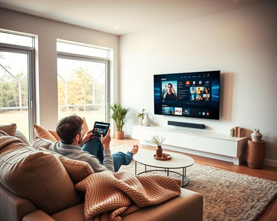 A cozy living room with a large, flat-screen television mounted on the wall. In the foreground, a person lounging comfortably on a plush sofa, tablet in hand, effortlessly switching between channels and streaming services. Diffused lighting creates a warm, inviting atmosphere, while the middle ground features a modern, minimalist coffee table and a cozy, knitted blanket. The background showcases large windows, allowing natural light to pour in, creating a sense of openness and flexibility. The overall scene conveys the ease and convenience of watching television in a personalized, comfortable setting. A cozy living room with a large, flat-screen television mounted on the wall. In the foreground, a person lounging comfortably on a plush sofa, tablet in hand, effortlessly switching between channels and streaming services. Diffused lighting creates a warm, inviting atmosphere, while the middle ground features a modern, minimalist coffee table and a cozy, knitted blanket. The background showcases large windows, allowing natural light to pour in, creating a sense of openness and flexibility. The overall scene conveys the ease and convenience of watching television in a personalized, comfortable setting.