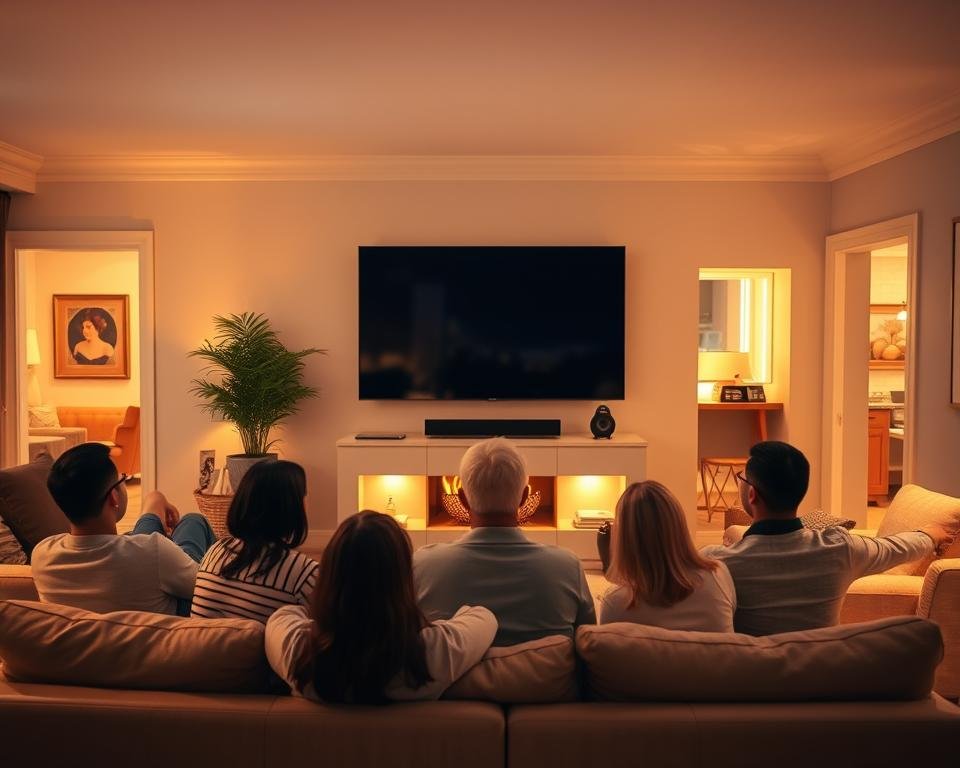 A cozy living room with a large flatscreen television mounted on the wall, surrounded by comfortable seating arrangements. The room is filled with warm, ambient lighting, creating a inviting atmosphere. In the foreground, a group of people are gathered around the TV, engaged in a shared viewing experience, their faces illuminated by the screen's glow. The middle ground features additional seating and side tables, while the background reveals other rooms connected through open doorways, suggesting a larger, interconnected home environment. The overall scene conveys a sense of relaxation, togetherness, and the joy of a shared multiroom televisie ervaring.