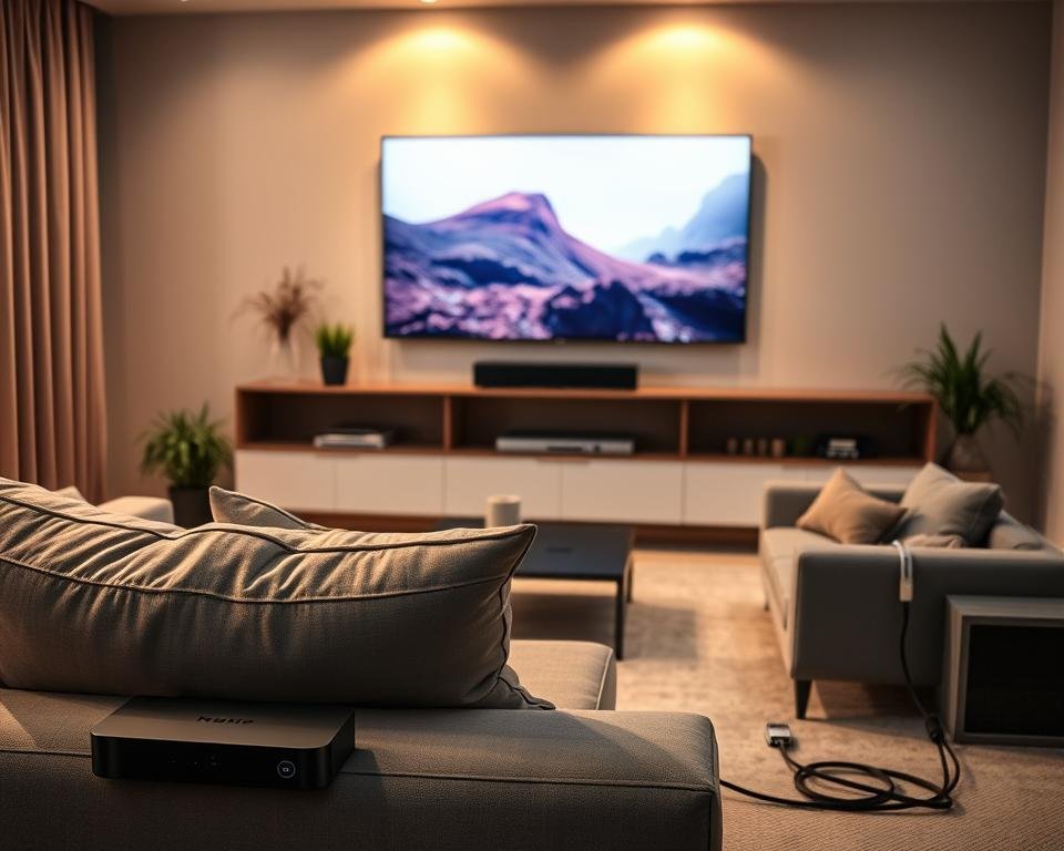 A cozy living room with a large, modern flat-screen TV mounted on the wall, casting a warm glow across the room. In the foreground, a stylish, comfortable sofa invites viewers to relax and enjoy the crystal-clear streaming experience. The middle ground features sleek, high-end streaming devices and a tidy cable management system, conveying a sense of technology-enabled convenience. The background showcases a minimalist, contemporary decor, with subtle hints of natural elements like potted plants, adding to the calm and sophisticated ambiance. The overall scene emanates a sense of quality, comfort, and seamless technological integration, reflecting the concept of "kijkervaring streamkwaliteit".