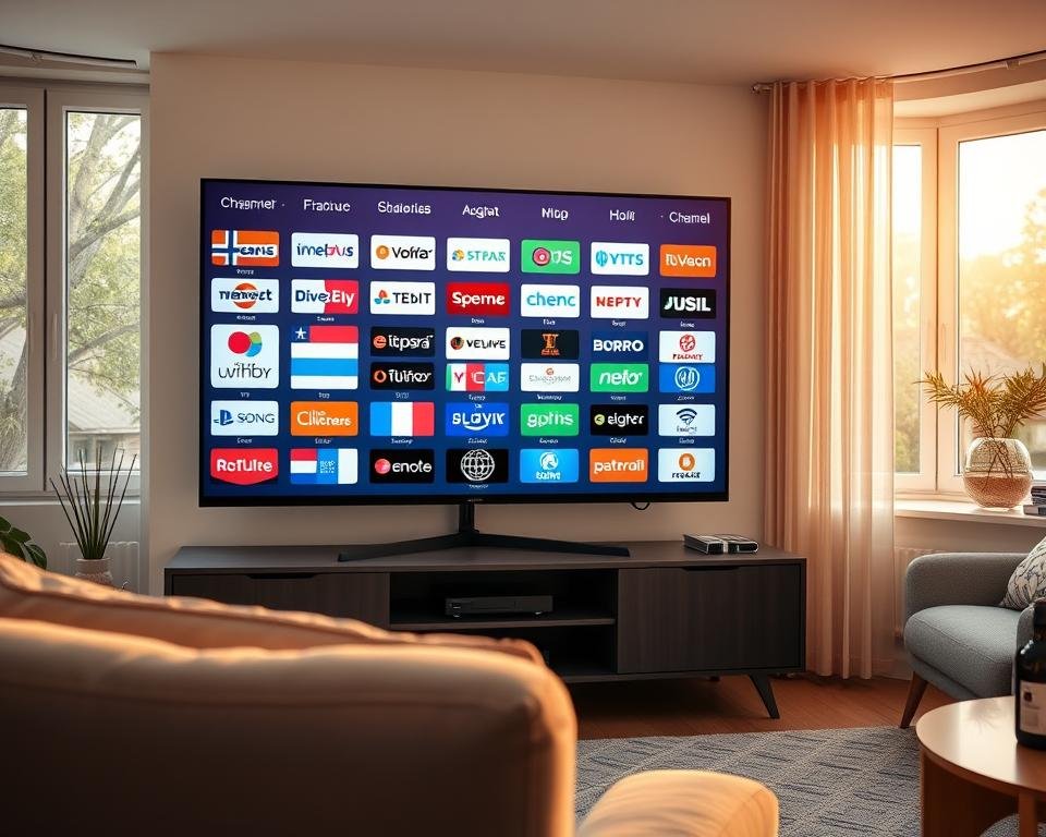 A cozy living room with a modern TV stand showcasing an array of international and Dutch TV channels, their logos neatly displayed. Warm, natural lighting filters through large windows, casting a serene ambiance. In the foreground, a comfortable sofa invites viewers to settle in and enjoy the diverse programming options. The middle ground features a sleek, minimalist entertainment unit housing the IPTV device, while the background depicts a tranquil, domestic scene with tasteful decor elements. The overall composition conveys the convenience and accessibility of IPTV for Dutch audiences, highlighting the benefits of having a wide range of national and global entertainment at their fingertips. A cozy living room with a modern TV stand showcasing an array of international and Dutch TV channels, their logos neatly displayed. Warm, natural lighting filters through large windows, casting a serene ambiance. In the foreground, a comfortable sofa invites viewers to settle in and enjoy the diverse programming options. The middle ground features a sleek, minimalist entertainment unit housing the IPTV device, while the background depicts a tranquil, domestic scene with tasteful decor elements. The overall composition conveys the convenience and accessibility of IPTV for Dutch audiences, highlighting the benefits of having a wide range of national and global entertainment at their fingertips.