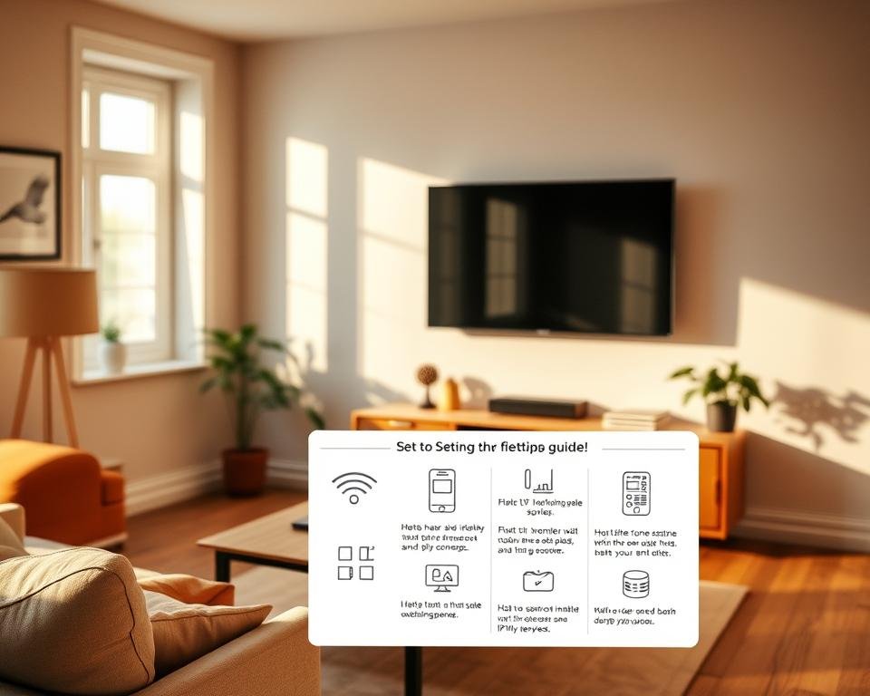 A cozy living room, with a modern flat-screen TV mounted on the wall, surrounded by minimalist furniture and tasteful decor. The room is bathed in warm, natural lighting, creating a relaxed and inviting atmosphere. In the foreground, a simple, step-by-step guide to setting up the television is displayed, with clear illustrations and concise instructions, making the installation process appear effortless and user-friendly. The overall scene conveys a sense of simplicity, comfort, and the ease of transitioning to a flexible IPTV solution in the Netherlands. A cozy living room, with a modern flat-screen TV mounted on the wall, surrounded by minimalist furniture and tasteful decor. The room is bathed in warm, natural lighting, creating a relaxed and inviting atmosphere. In the foreground, a simple, step-by-step guide to setting up the television is displayed, with clear illustrations and concise instructions, making the installation process appear effortless and user-friendly. The overall scene conveys a sense of simplicity, comfort, and the ease of transitioning to a flexible IPTV solution in the Netherlands.