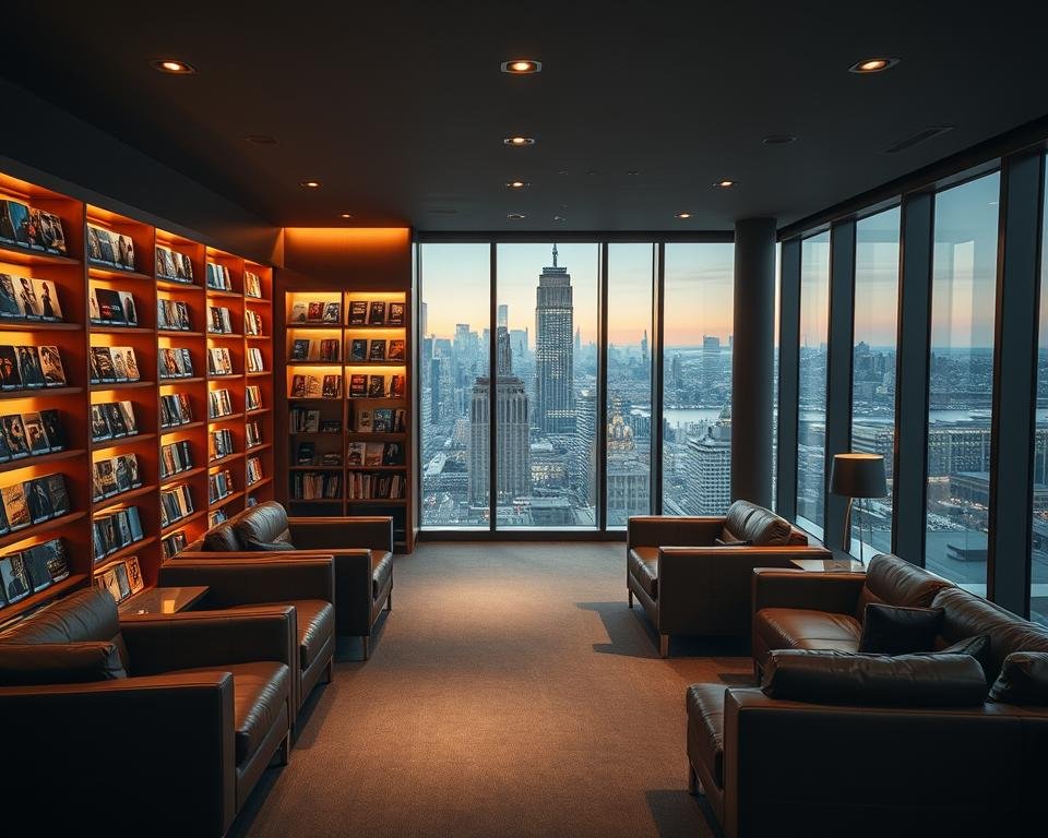 A cozy, modern video-on-demand library, bathed in warm, diffused lighting. Rows of sleek, backlit shelves display an extensive collection of movie and TV show thumbnails, meticulously organized by genre and popularity. Comfortable leather armchairs and sofas invite viewers to browse the selection, while large windows offer a scenic view of a bustling city skyline outside. The atmosphere is one of relaxation and discovery, with subtle ambient sounds and a touch of minimalist elegance throughout the space. A cozy, modern video-on-demand library, bathed in warm, diffused lighting. Rows of sleek, backlit shelves display an extensive collection of movie and TV show thumbnails, meticulously organized by genre and popularity. Comfortable leather armchairs and sofas invite viewers to browse the selection, while large windows offer a scenic view of a bustling city skyline outside. The atmosphere is one of relaxation and discovery, with subtle ambient sounds and a touch of minimalist elegance throughout the space.