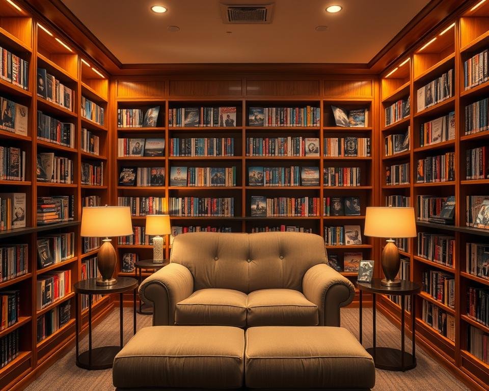 A cozy video-on-demand library with a warm, inviting ambiance. Wooden bookshelves line the walls, filled with a diverse collection of movie and TV show covers. Soft lighting creates a comfortable atmosphere, drawing the viewer's eye to the curated selection. In the center, a plush, oversized armchair beckons, surrounded by side tables with sleek, modern lamps. The room has an air of relaxation and discovery, encouraging the viewer to settle in and explore the vast video-on-demand offerings.