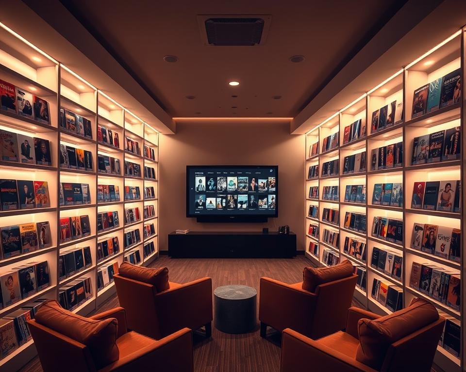 A cozy, well-lit video-on-demand library, with rows of sleek, backlit shelves housing a diverse collection of movie and TV show covers. The shelves are arranged in a clean, modern layout, casting a warm, inviting glow. In the center, a comfortable seating area with plush armchairs and a large, high-definition screen displaying a curated selection of the available titles. The space is bathed in a soft, natural light, creating a serene and relaxing atmosphere for browsing and enjoying the extensive on-demand video library. A cozy, well-lit video-on-demand library, with rows of sleek, backlit shelves housing a diverse collection of movie and TV show covers. The shelves are arranged in a clean, modern layout, casting a warm, inviting glow. In the center, a comfortable seating area with plush armchairs and a large, high-definition screen displaying a curated selection of the available titles. The space is bathed in a soft, natural light, creating a serene and relaxing atmosphere for browsing and enjoying the extensive on-demand video library.