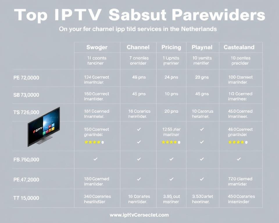 A crisp, clean infographic-style comparison of the top IPTV service providers in the Netherlands. Sleek, minimalist design with a focus on key metrics like pricing, channel selection, and customer ratings. Rendered in a cool, neutral color palette to convey a sense of professionalism and objectivity. Prominent images of the providers' logos and app interfaces, shown from a slightly elevated, isometric angle for visual interest. The layout is gridded and symmetrical, with each provider neatly organized into its own section. Subtle use of gradients and transparency to add depth and visual hierarchy. An overall sense of clarity and precision to aid the reader in quickly assessing the relative merits of each IPTV option.