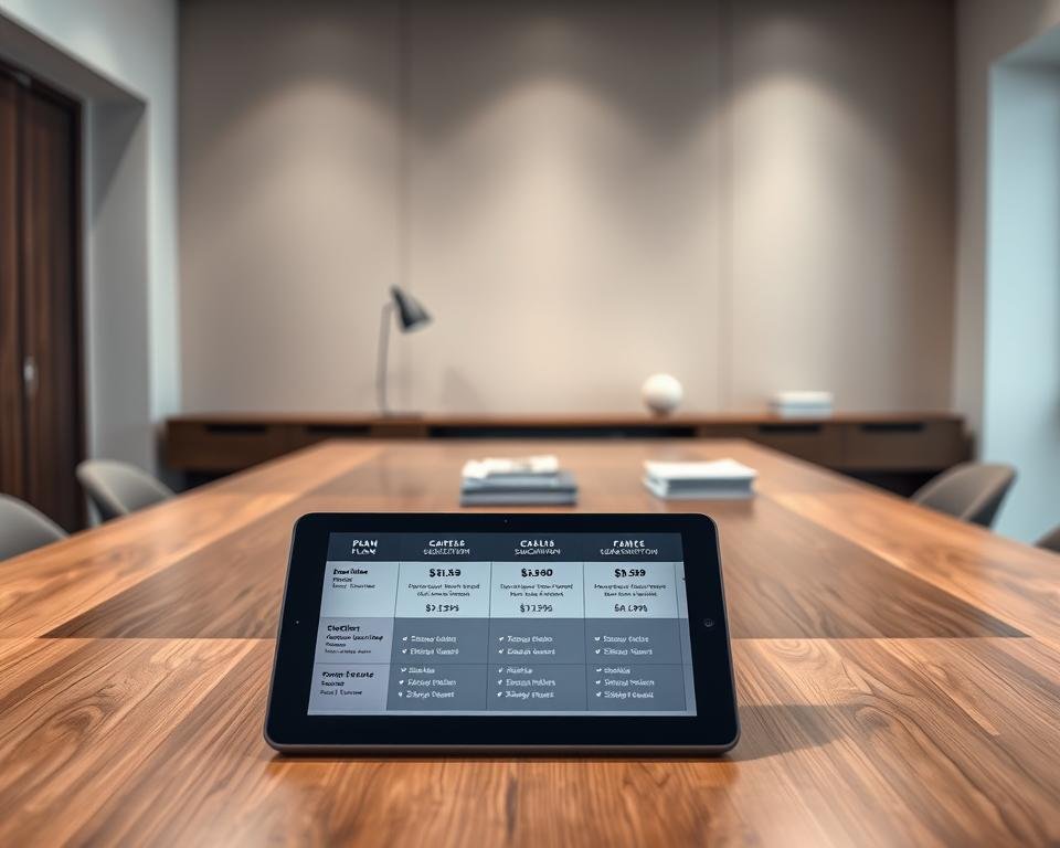 A crisp, clean office interior with sleek modern furniture and muted tones. In the foreground, a large wooden desk with a minimalist aesthetic, showcasing a digital tablet displaying various subscription plan options and pricing structures. Soft, directional lighting illuminates the scene, creating a professional and informative atmosphere. The middle ground features neatly organized stacks of documents and a modern desk lamp, suggesting attention to detail and organization. The background subtly blurs into a neutral, yet elegant wall, allowing the focus to remain on the central desk and subscription information. A crisp, clean office interior with sleek modern furniture and muted tones. In the foreground, a large wooden desk with a minimalist aesthetic, showcasing a digital tablet displaying various subscription plan options and pricing structures. Soft, directional lighting illuminates the scene, creating a professional and informative atmosphere. The middle ground features neatly organized stacks of documents and a modern desk lamp, suggesting attention to detail and organization. The background subtly blurs into a neutral, yet elegant wall, allowing the focus to remain on the central desk and subscription information.