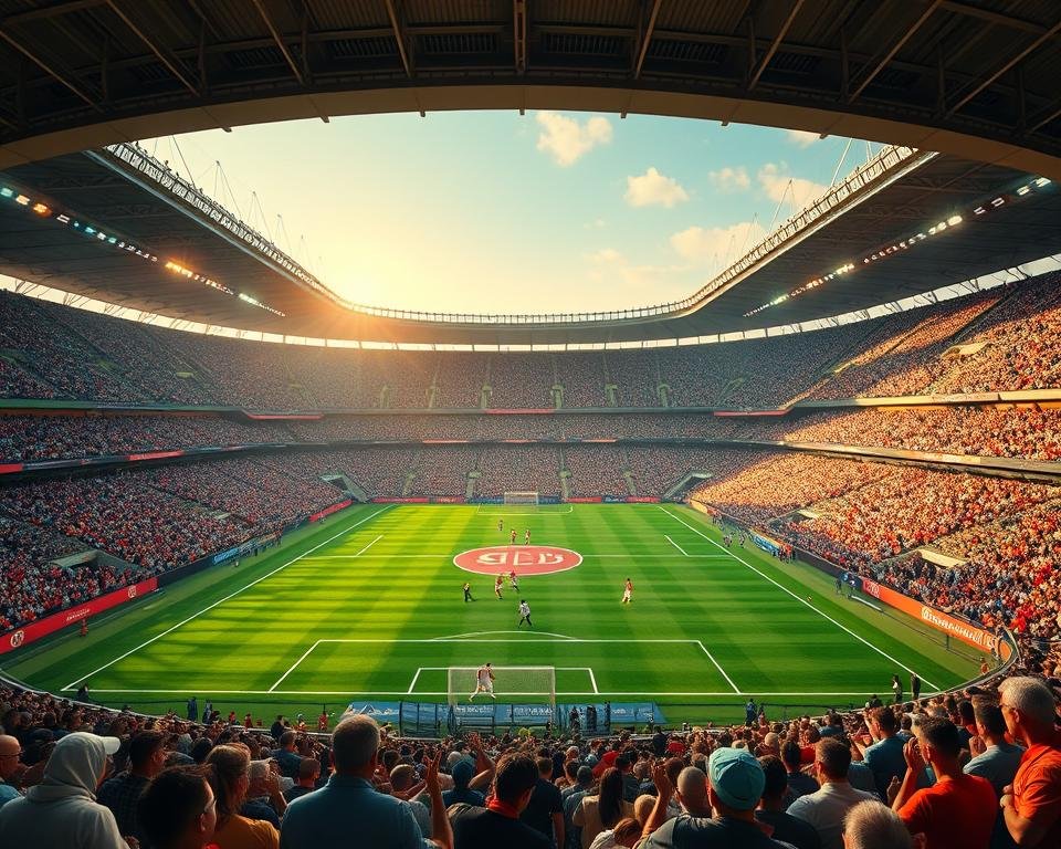 A crystal-clear 4K video frame showcasing a vibrant, high-definition soccer match. A vast, meticulously rendered stadium fills the frame, its lush green pitch surrounded by towering grandstands and bathed in warm, golden light. Silky-smooth player movements, every detail of their uniforms and the spinning ball captured in stunning fidelity. Spectators in the stands are rendered with striking clarity, their expressions and reactions palpable. The scene radiates a sense of energy and immediacy, transporting the viewer directly into the heart of the live action. Cinematic camera angles and a cinematic depth of field enhance the immersive, high-end visual experience. A crystal-clear 4K video frame showcasing a vibrant, high-definition soccer match. A vast, meticulously rendered stadium fills the frame, its lush green pitch surrounded by towering grandstands and bathed in warm, golden light. Silky-smooth player movements, every detail of their uniforms and the spinning ball captured in stunning fidelity. Spectators in the stands are rendered with striking clarity, their expressions and reactions palpable. The scene radiates a sense of energy and immediacy, transporting the viewer directly into the heart of the live action. Cinematic camera angles and a cinematic depth of field enhance the immersive, high-end visual experience.