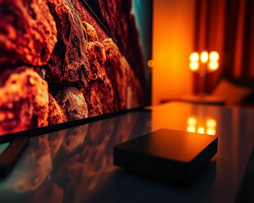 A crystal-clear UHD display showcases vibrant, lifelike visuals with impeccable streaming quality. Cinematic lighting casts a warm glow, complementing the sleek, modern design of the device. Intricate details are sharp and precise, immersing the viewer in a seamless, high-resolution experience. The scene radiates a sense of technological sophistication and visual fidelity, embodying the essence of premium streaming performance.