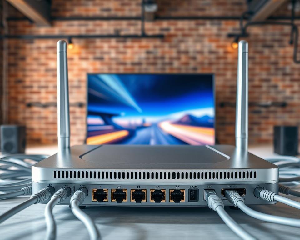 A cutting-edge, high-tech IPTV setup showcasing the technical requirements for seamless internet television. A sleek, silver router takes center stage, surrounded by an array of gleaming network cables and ports in the foreground. In the middle ground, a modern smart TV displays a vibrant, crystal-clear image, highlighting the visual quality of IPTV. The background features a minimalist, industrial-inspired setting with exposed brick walls and subtle lighting, conveying a sense of technological sophistication. The overall scene exudes a clean, futuristic atmosphere, reflecting the advanced capabilities of IPTV technology. A cutting-edge, high-tech IPTV setup showcasing the technical requirements for seamless internet television. A sleek, silver router takes center stage, surrounded by an array of gleaming network cables and ports in the foreground. In the middle ground, a modern smart TV displays a vibrant, crystal-clear image, highlighting the visual quality of IPTV. The background features a minimalist, industrial-inspired setting with exposed brick walls and subtle lighting, conveying a sense of technological sophistication. The overall scene exudes a clean, futuristic atmosphere, reflecting the advanced capabilities of IPTV technology.