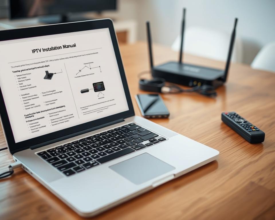 A detailed IPTV installation manual, showcased on a wooden table with natural lighting. The foreground depicts an open laptop with setup instructions clearly displayed, accompanied by a wireless router and various cables. The middle ground features a smartphone and remote control, highlighting the integration of multiple devices. The background subtly blurs, maintaining the focus on the hands-on installation process. Overall, the scene conveys a sense of technical expertise and step-by-step guidance for setting up an IPTV system. A detailed IPTV installation manual, showcased on a wooden table with natural lighting. The foreground depicts an open laptop with setup instructions clearly displayed, accompanied by a wireless router and various cables. The middle ground features a smartphone and remote control, highlighting the integration of multiple devices. The background subtly blurs, maintaining the focus on the hands-on installation process. Overall, the scene conveys a sense of technical expertise and step-by-step guidance for setting up an IPTV system.