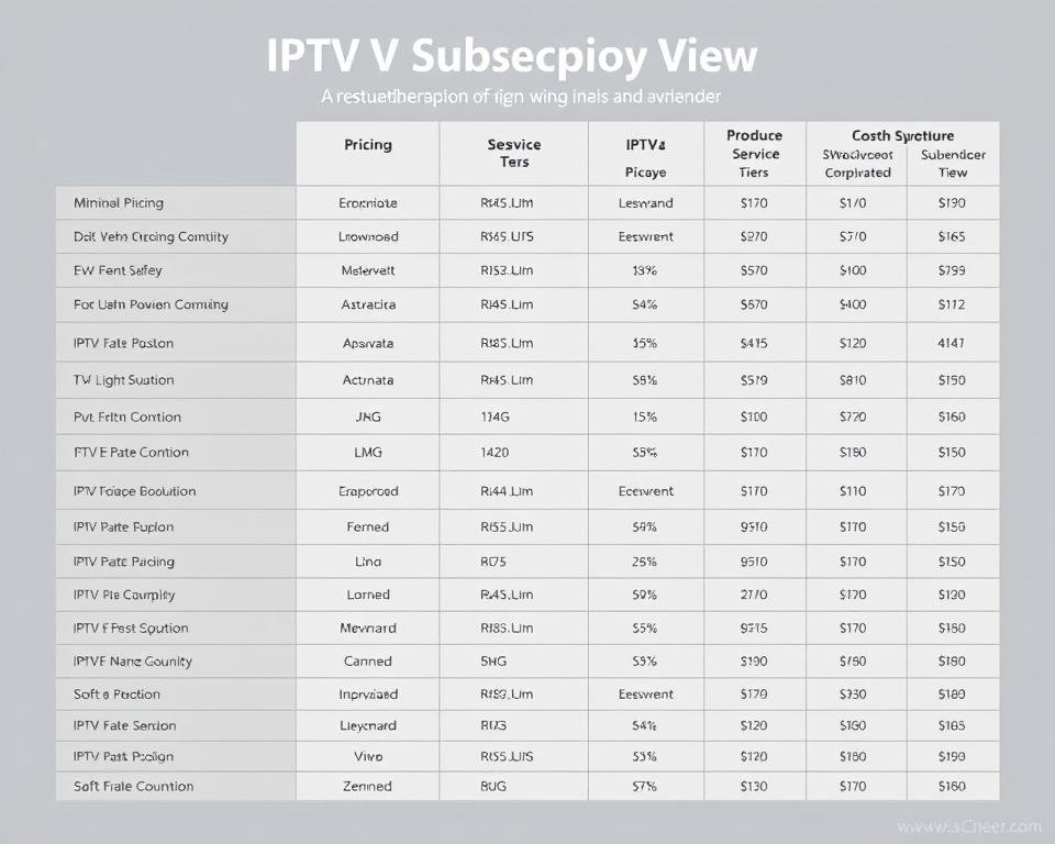 A detailed and visually appealing cost overview of various IPTV subscription plans in the Netherlands. The image should showcase a clean, well-organized table or infographic displaying the pricing structures, service tiers, and key feature comparisons for popular IPTV providers in a minimalist, professional style. Use a soft, neutral color palette with muted tones to convey a sense of trust and reliability. Incorporate subtle grid lines, icons, and subtle gradients to enhance the visual hierarchy and guide the viewer's eye across the layout. Ensure the overall design is uncluttered, easy to scan, and optimized for clear communication of the cost information.