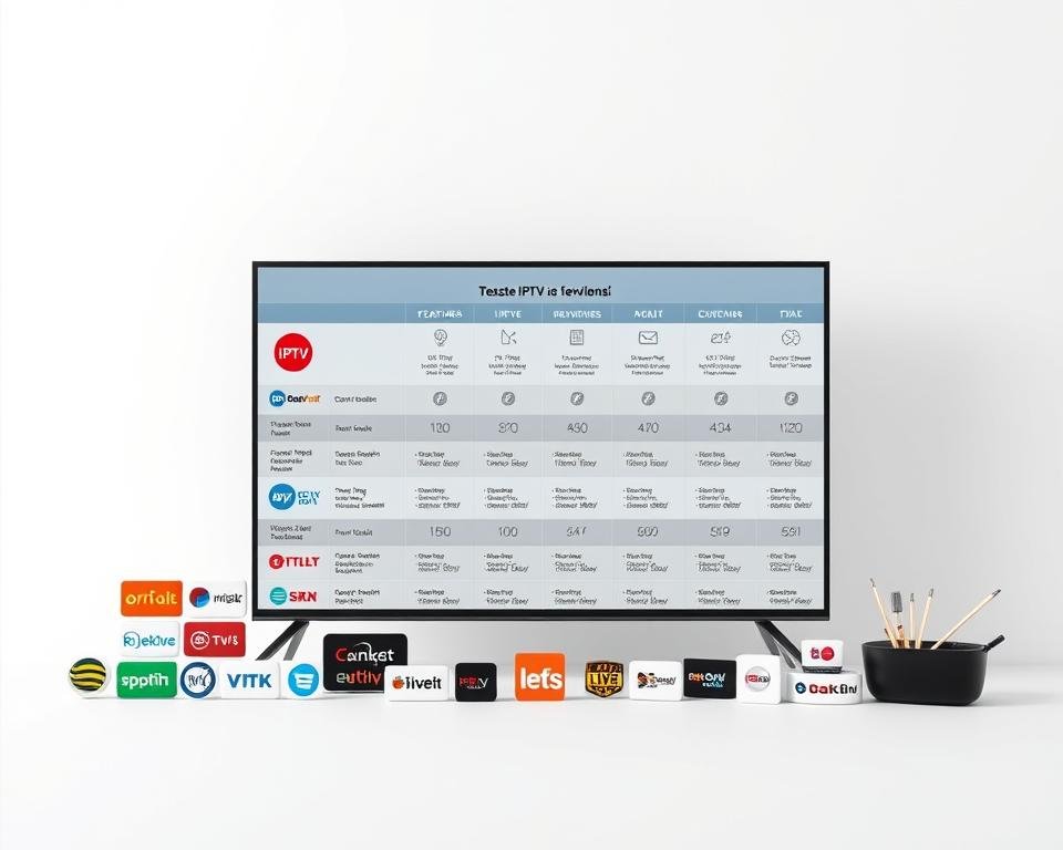 A detailed comparison of IPTV service subscriptions in the Netherlands, showcased against a clean, minimalist background. In the foreground, an arrangement of various IPTV service icons, logos, and plan details, presented in a visually appealing, easy-to-digest format. The middle ground features a grid-like layout highlighting key features, pricing, and performance metrics for the top IPTV providers. The background is a soft, neutral tone, allowing the information to take center stage. Crisp, high-resolution rendering with a professional, editorial aesthetic, capturing the essence of the "Beste IPTV Nederland test abonnement opties" section.